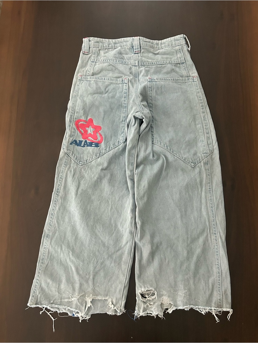Y2K ALAB Mega Rave Light Wash Baggy Wide Leg Skater Mega Embroider Jeans Sz 32”